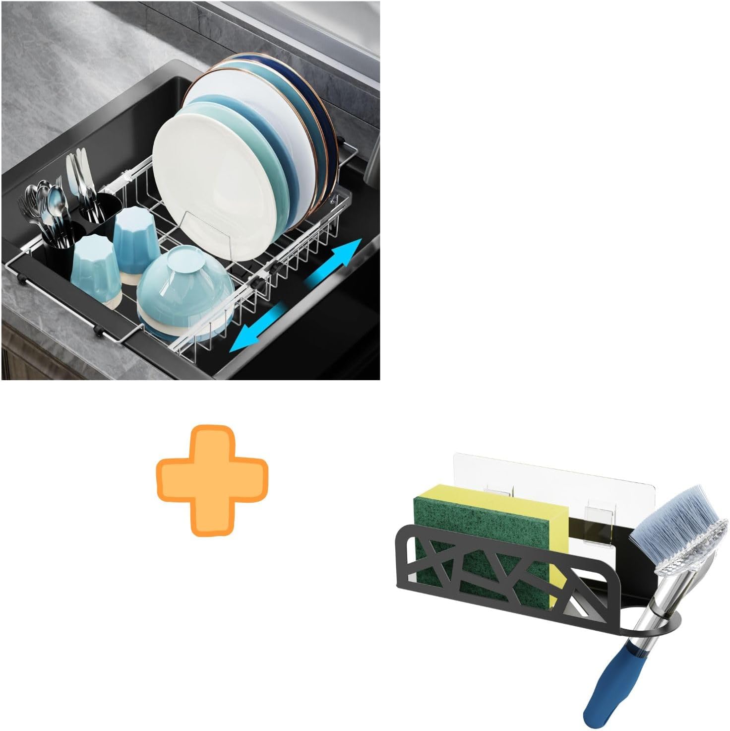 GSlife 2 in Set Sink Sponge Holder and Sink Drying Rack, Adhesive Sink Caddy and Expandable Sink Dish Rack, Bundle Sales