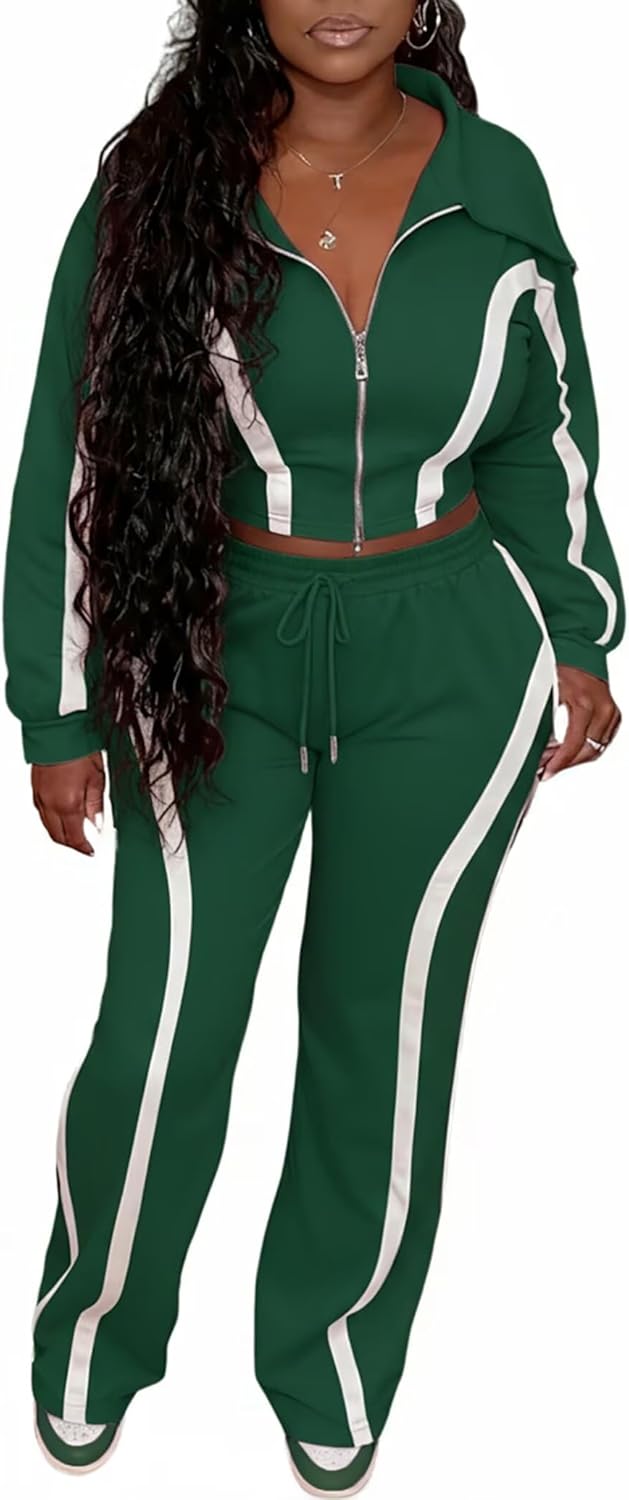 Women Striped 2 Piece Outfits Long Sleeve Zip Up Jacket Top and Wide Leg Pants Set ...