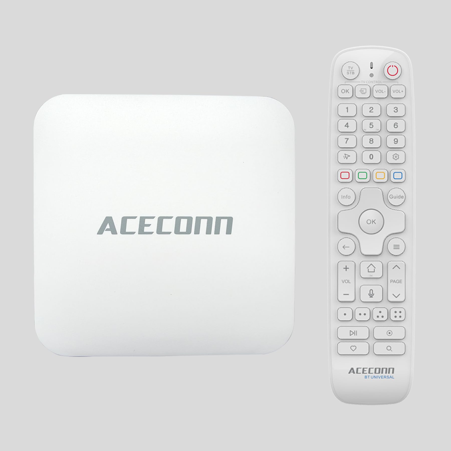 Front and back view of the ACECONN ACE11 TV Box showing all ports and indicators