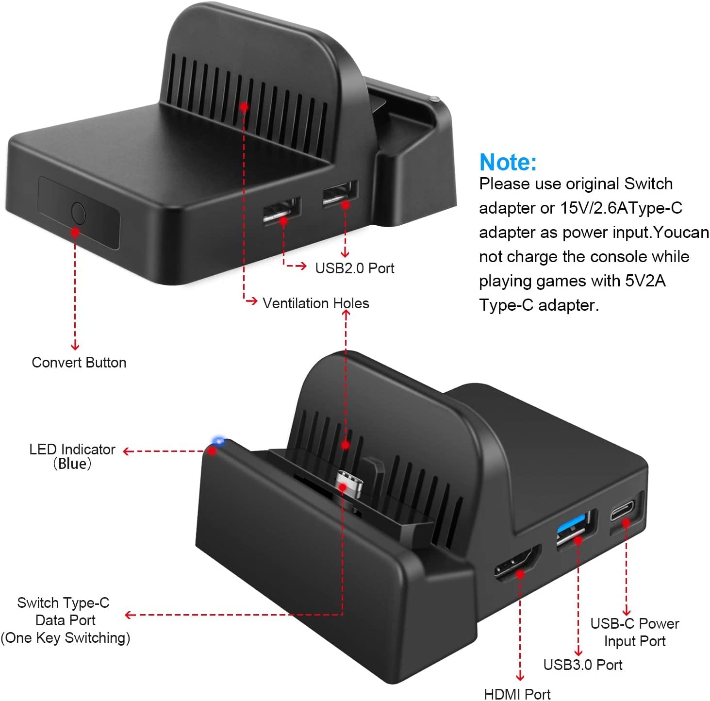 Switch Dock pour Nintendo Switch, Adaptateur TV de Voyage HDMI 4K/1080P Support de Charge Portable avec Port USB 3.0 Haute Vitesse