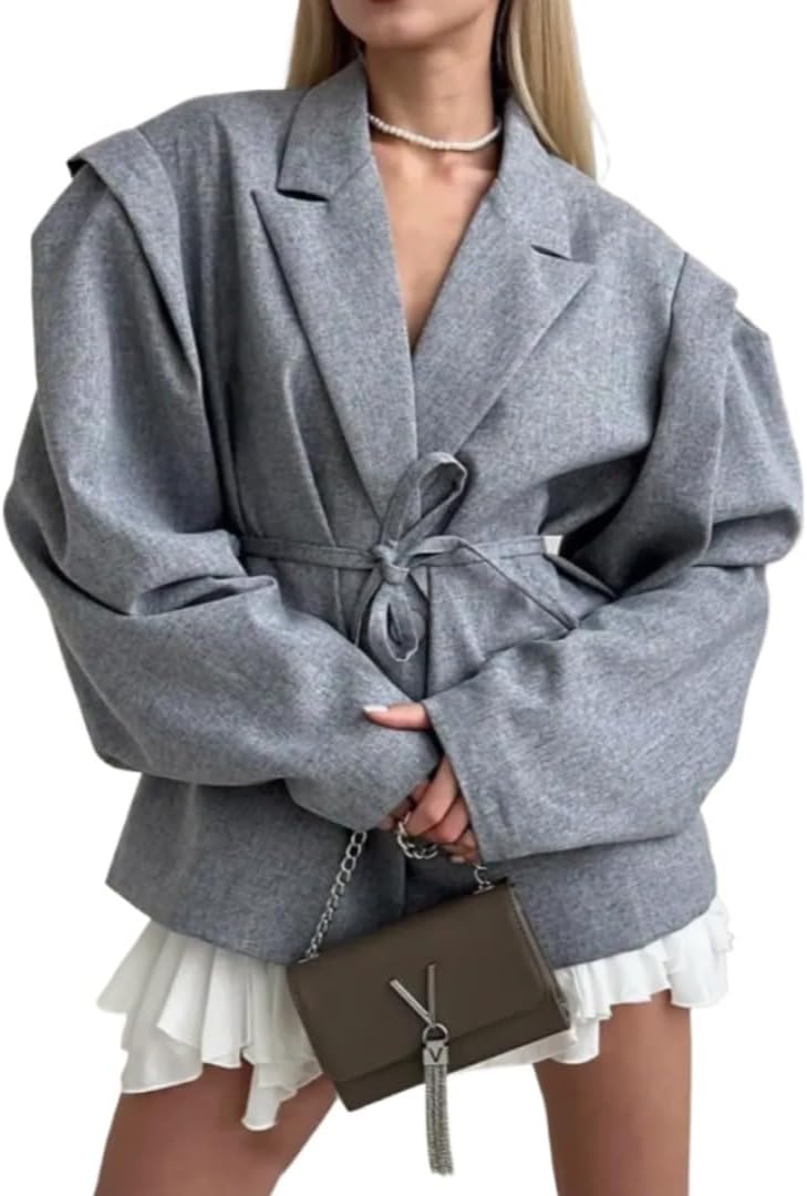 : Women's Lace Up Shoulder Pad Blazer Coat, Elegant Turn-down Collar Slim Fit Coat with Pockets, Chic Long Sleeve Outerwear