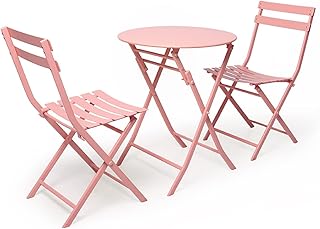 Juego de mesa y sillas plegables de alta calidad para exteriores, muebles de bistró de metal para patio, cocina, balcón, color rosa, incluye 2 sillas y 1 mesa de comedor plegable