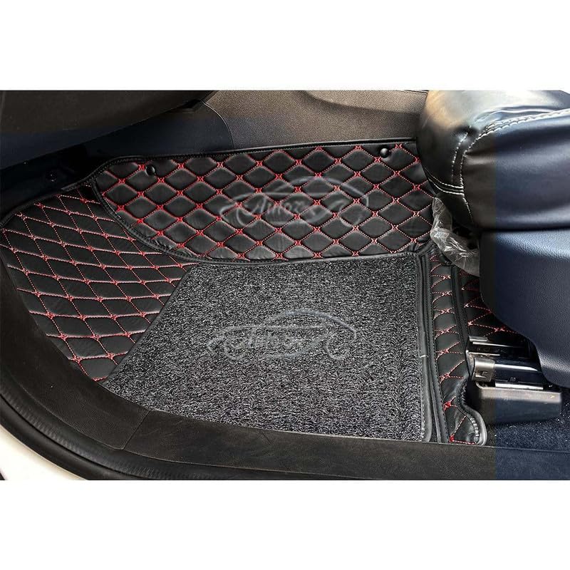 Image of 7D Luxury Car Floor Mat for Skoda Superb (2017 to 2022) | 7-Layer Leather, Curly Base, Heel Pad, Anti-Skid & Waterproof (Black Red)