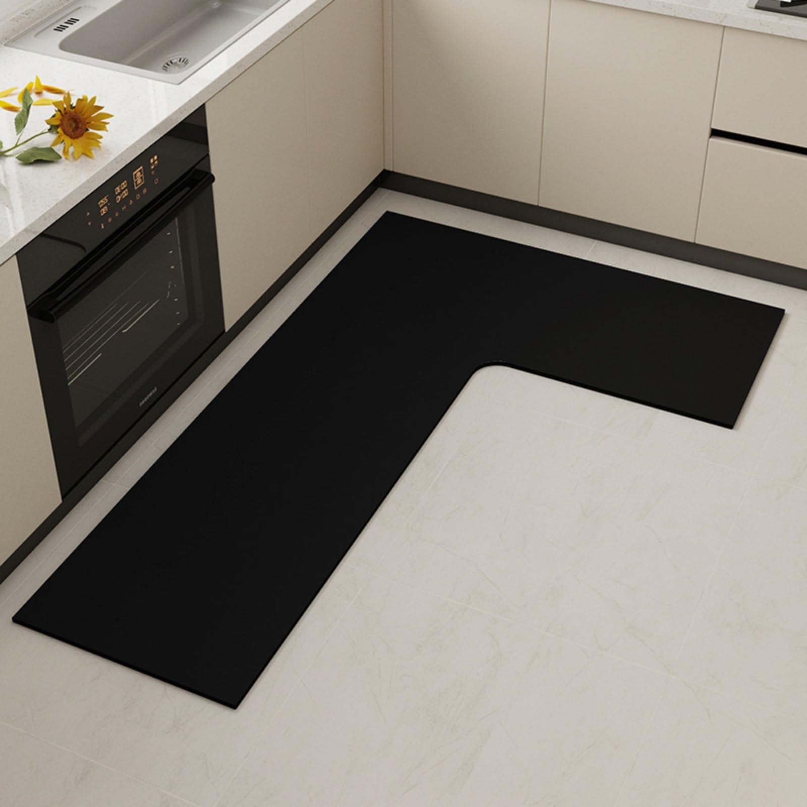 Tapis de cuisine en L en diatomite noir absorbant et antidérapant de taille L