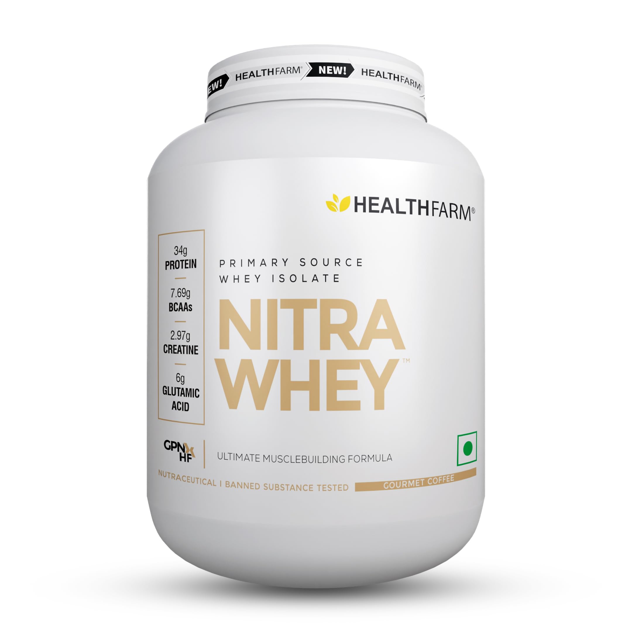 Healthfarm Nitra Whey Protein | 34g Protein Per Serving & 3g Added Creatine | Blend of Isolate & Concentrate Protein (Gourmet Coffee, 2kg)