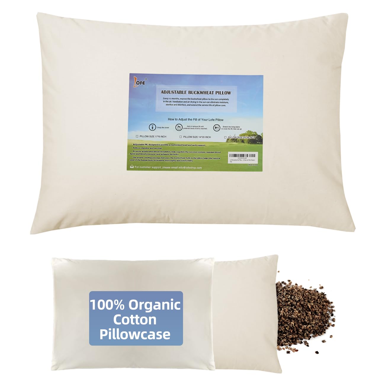 LOFE Organic Buckwheat Pillow for Sleeping with Organic Cotton Pillowcase - 14''x20'' Adjustable Pillow, Breathable for Cool Sleep, Cervical Support for Back and Side Sleepers(Tartary Buckwheat Hulls)