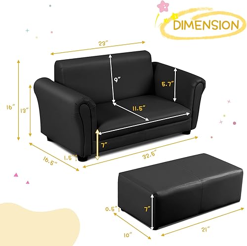 Miniatura 3 de HONEY JOY Sofá para niños, sofá de 2 asientos para niños pequeños, cama con otomana, construcción de madera resistente, sillón tapizado de piel