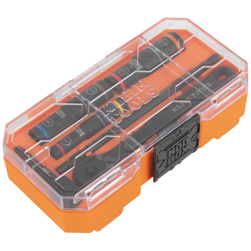 Klein Tools 65238 3-częściowy zestaw nasadek z funkcją głębokiego uderzenia z obudową modułową, wytrzymałe, 3 gniazda oznaczone kolorami, 6 rozmiarów SAE, napędy 1/4, 3/8 cala