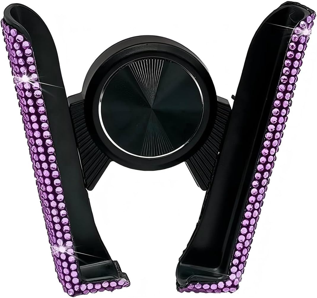 Bling Car Phone Holder, Crystal Rhinestone Car Phone Mount, 2-in-1 Suction & Vent Cellphone Stand, Universal for Vehicle Dashboard, Windshield, Air Vent (Purple)