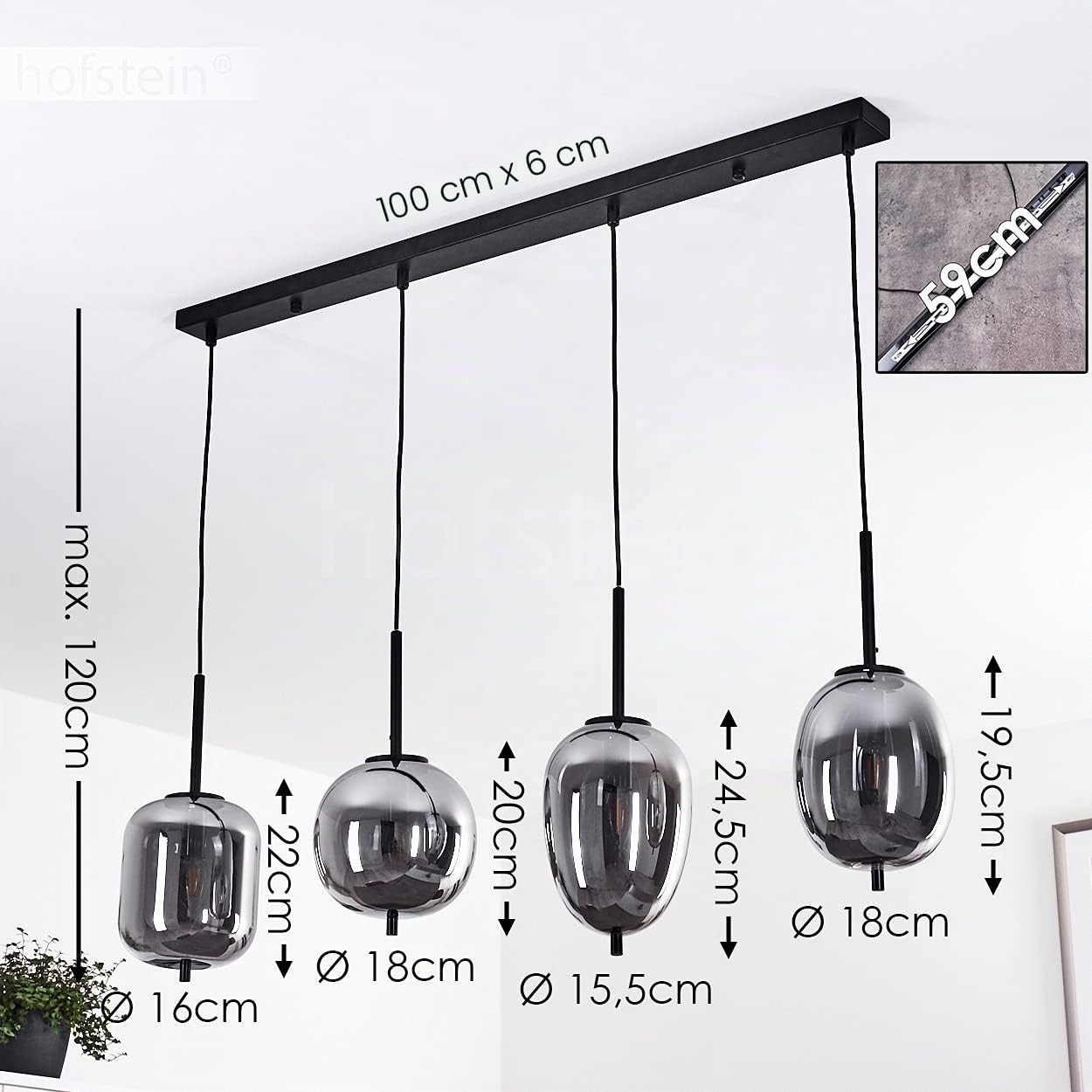 HOFSTEIN Hängeleuchte Verbania, 4-flammige Hängelampe aus Metall/Glas in Schwarz/Chrom-/Rauchfarben, moderne Leuchte im Retro/Vintage-Design, Höhe max. 120 cm, E14, Esszimmer, Küche, Wohnzimmer