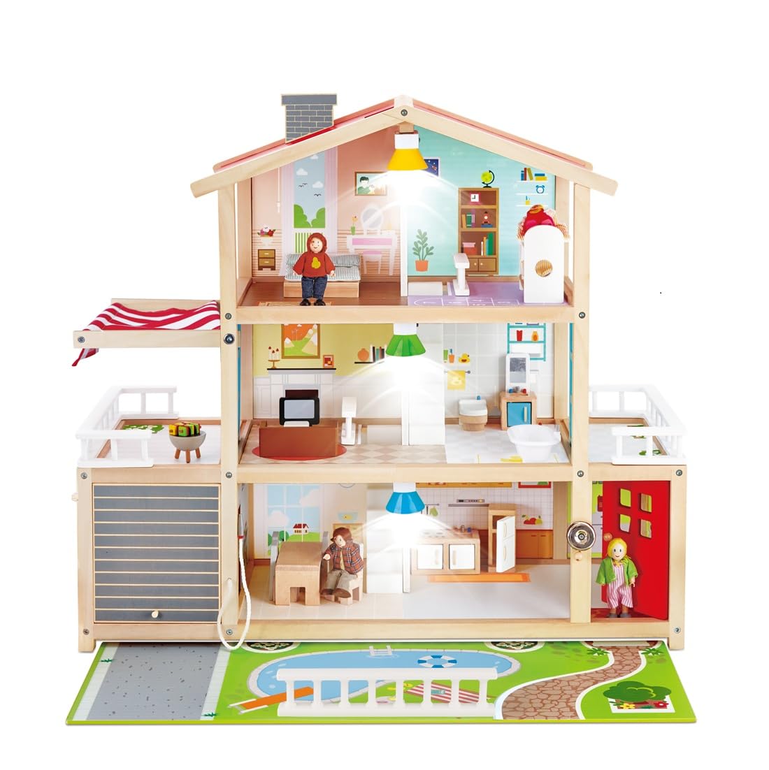 Hape Villa delle bambole | Casa arredata per gioco di ruolo | Casa giocattolo a tre piani in legno | Per bambini dai 3 anni