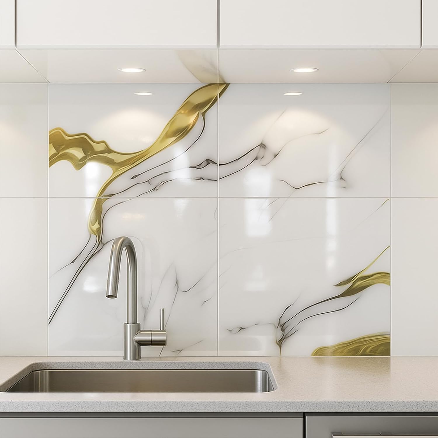 Peel and Stick Kitchen Backsplash Tiles 16PCS – Waterproof Self Adhesive Wall Stickers for Kitchen, Easy DIY Stick On Tile Backsplash, Heat Resistant Decorative Wall Covering (White and Gold)