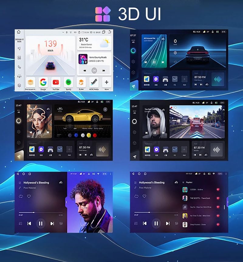 Multiple screenshots of the car stereo's 3D user interface, showing different themes and media playback screens.