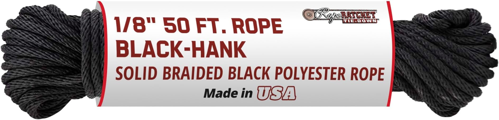 Rope Ratchet 1/8" 50 ft Braided Polyester Utility Cord, Weather Resistant Indoor Outdoor for Gardening, DIY Projects, Securing Loads, Binding, Knot Tying, Tarp Use, 75 lb Capacity - Black