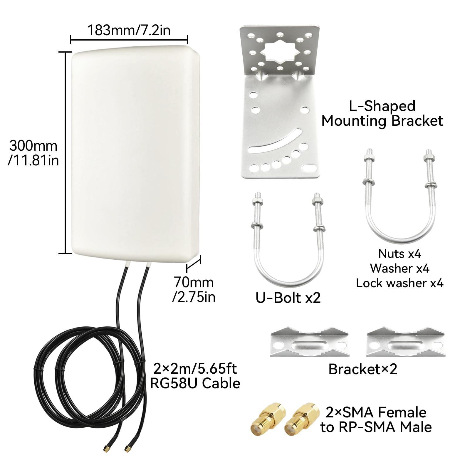 Antenna direzionale 2X2 MIMO 4G 5G 7-10dBi Antenna a pannello esterno ad alto guadagno 700-3800MHz con doppio cavo RG58 Connettore maschio SMA lunghezza 2 m per router modem hotspot