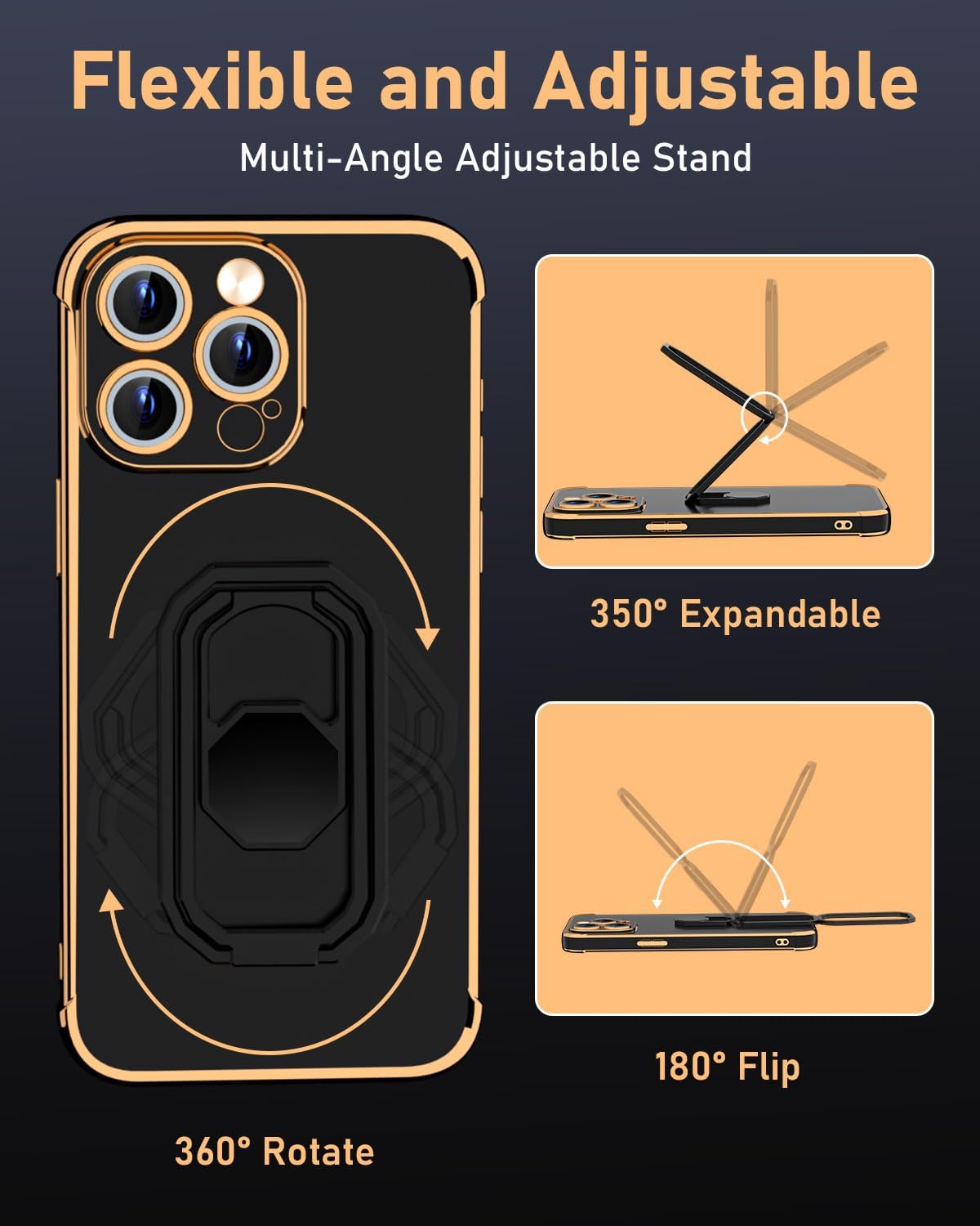 WINTONG for iPhone 15 Pro Max Case with Metal Stand, Phone Case with Double Ring Holder Finger Kickstand [Foldable & Adjustable], Women Girls Bling Luxury Protective Cover - Black - Image 3