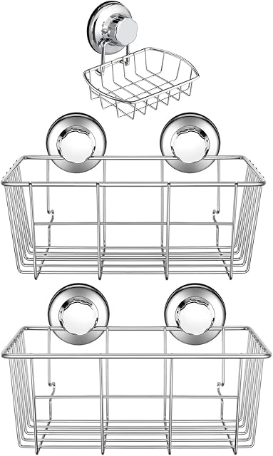 iPEGTOP 3in1 Strong Suction Cup Deep Shower Caddy Bath Organizer Wall Shelf + Soap Dish Soap Holder for Large Shampoo Shower Gel Bathroom Accessories Storage - Rustproof Stainless Steel
