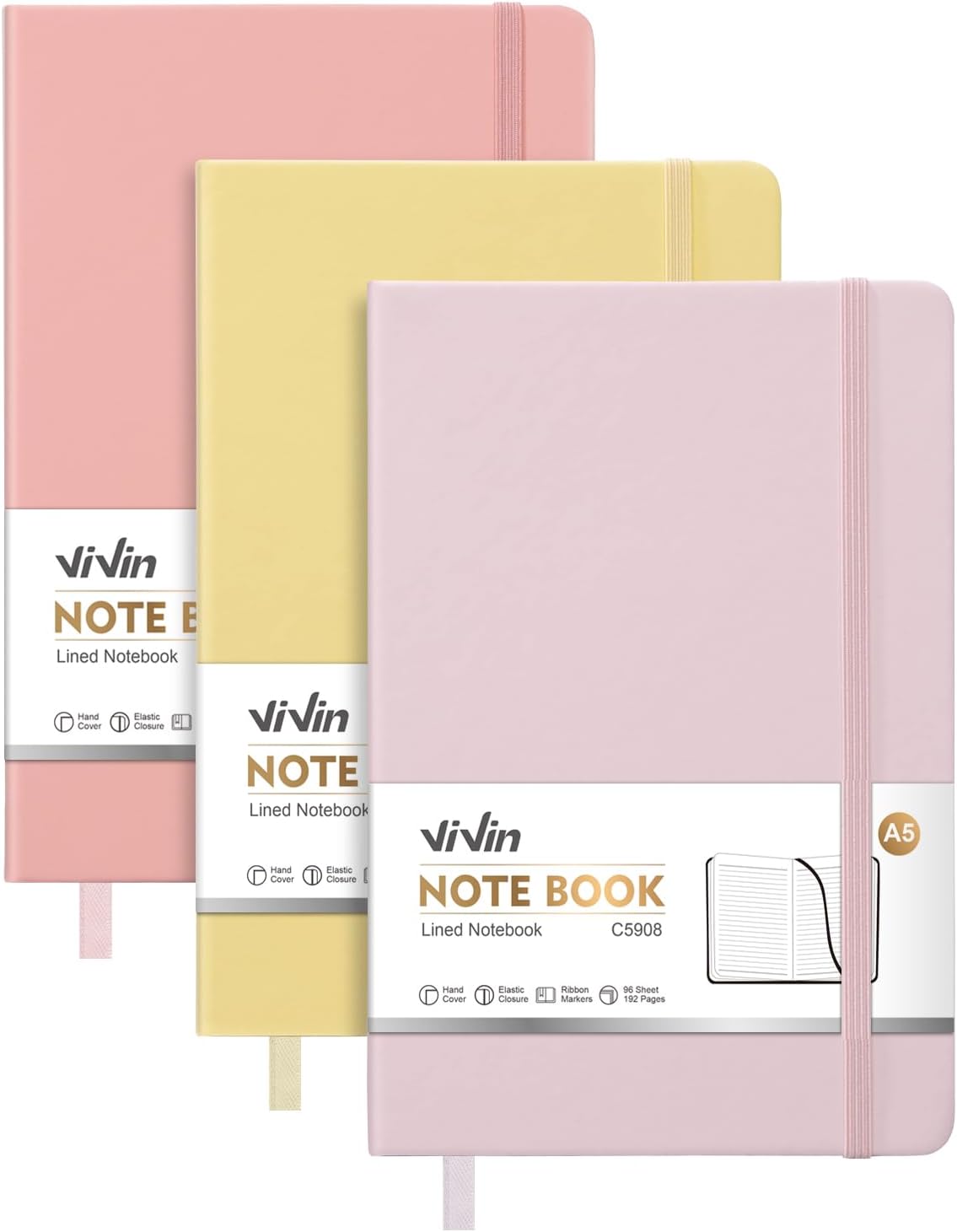 ViVin Lined Journal Notebooks for Work,192 Pages,Medium 5.5 x 8.3 inch,College Ruled,A5 Hardcover Journaling Notebooks for Writing,8 Pack Bulk,Dark Colored Series