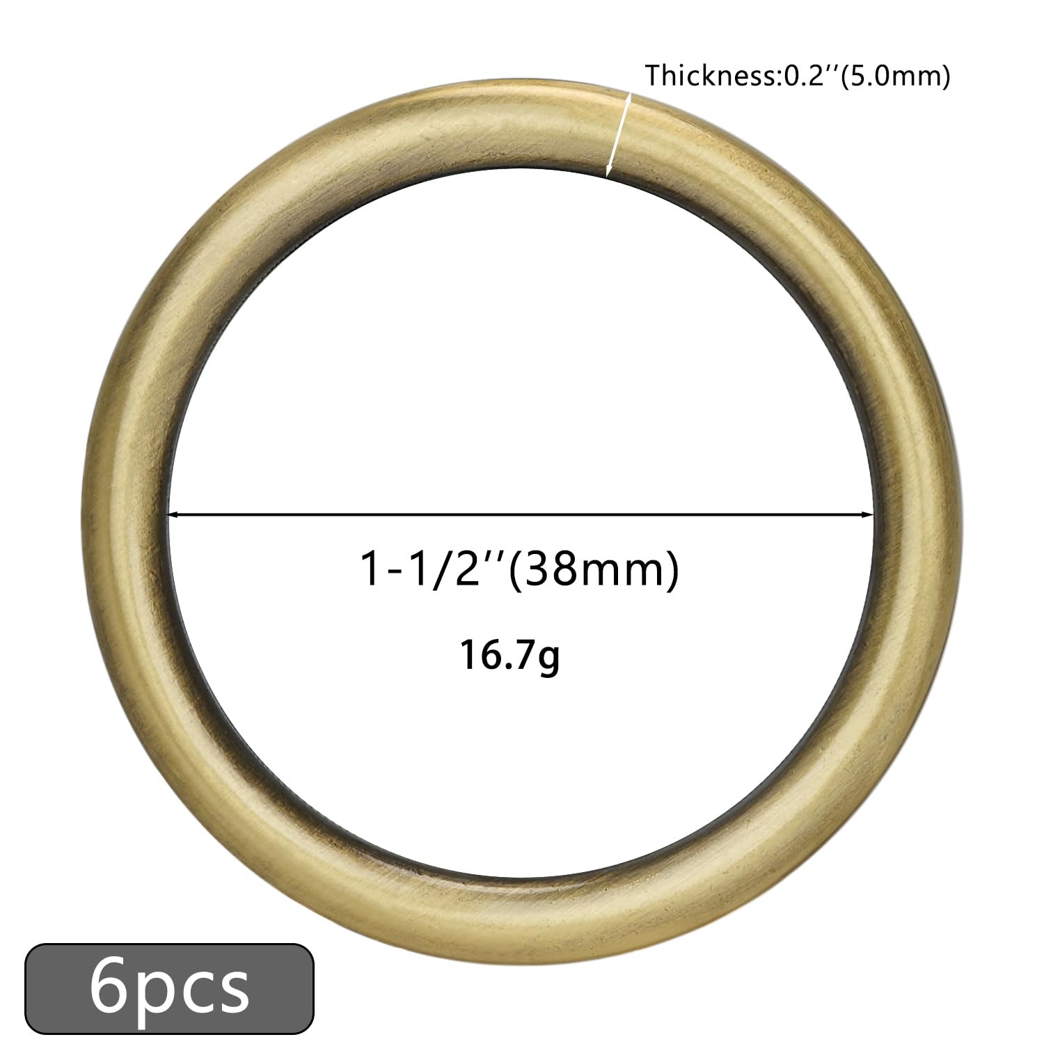 6 Pcs Metal O Ring Buckles Seamless Welded O-Rings Buckle for DIY Crafts, Bag Buckles, Bags, Dog Leashes, Purse Luggage Accessories(Brass, 1-1/2'')