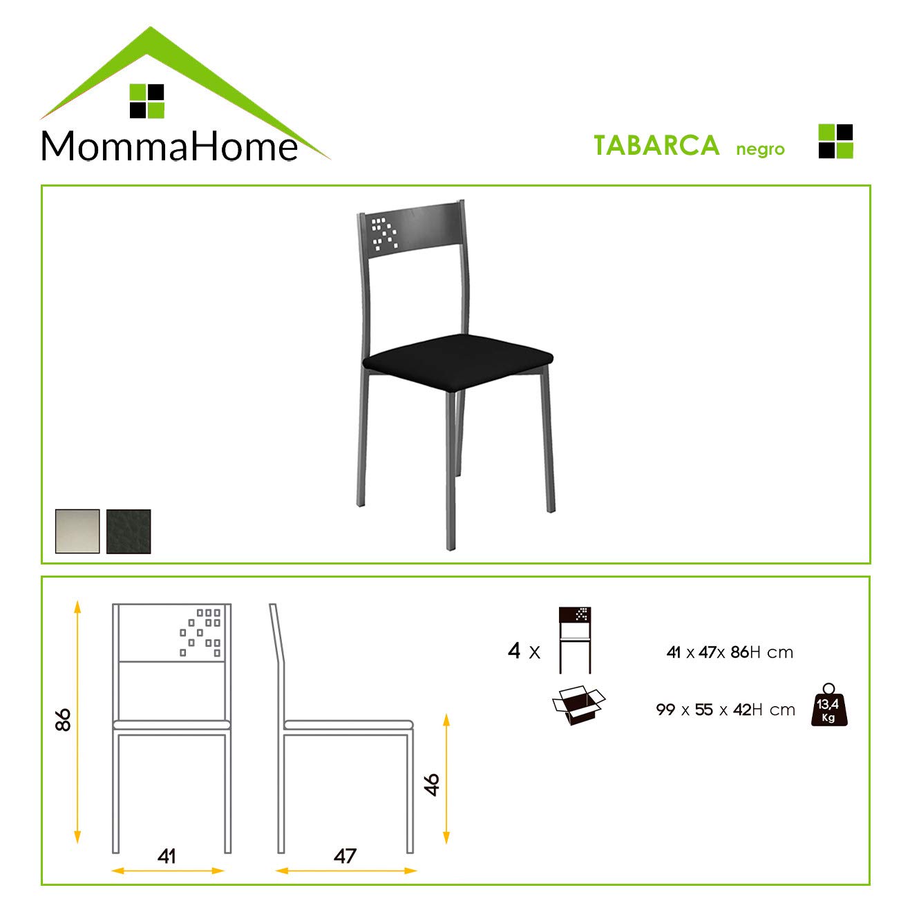 MOMMA HOME Set 4 Sedie - Modello Tabarca - Materiale Metallo/Ecopelle - Misure 41 x 47 x 86 cm