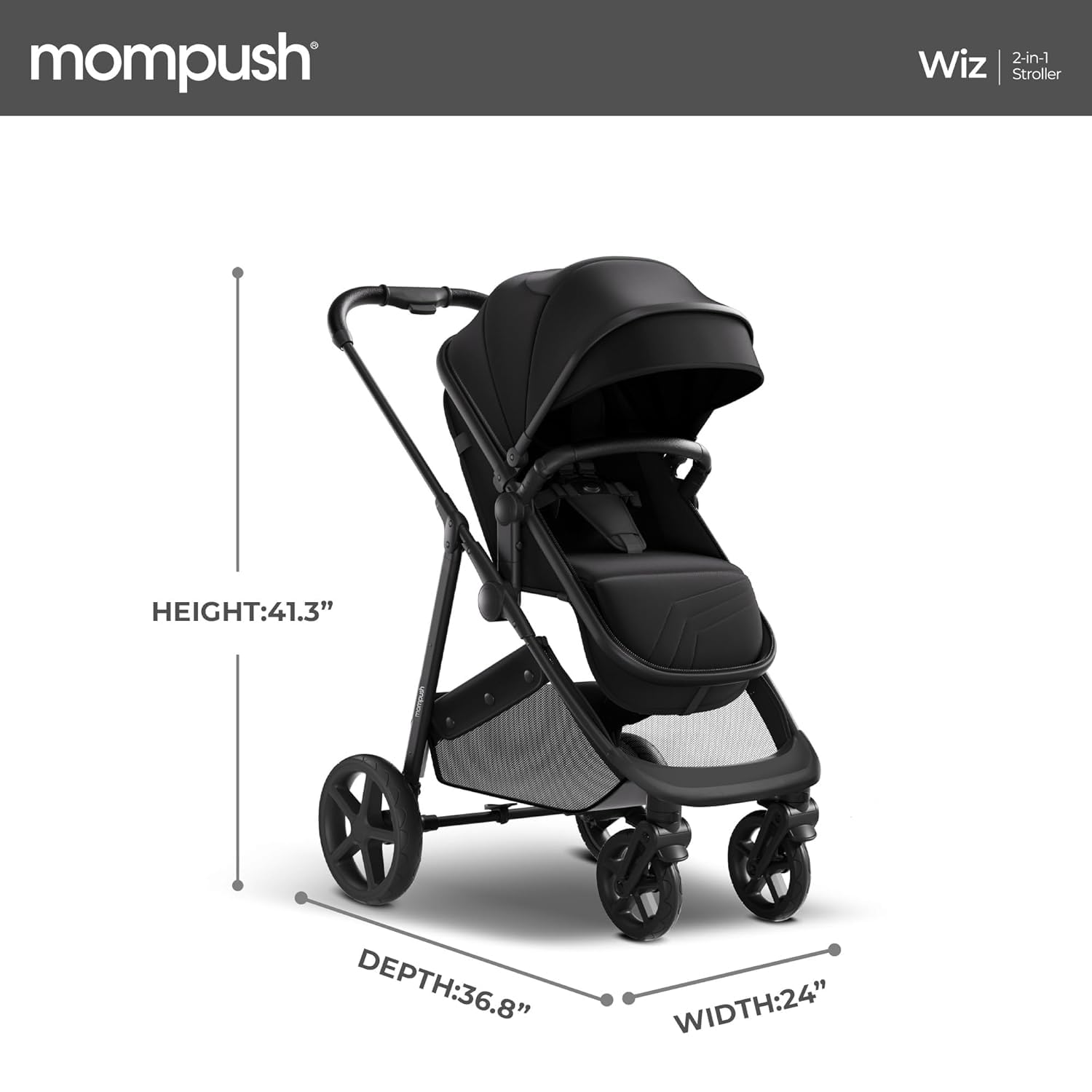 Diagram showing the height, depth, and width dimensions of the Mompush Wiz Stroller.