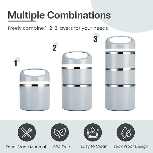 Miniatura 2 de Lille Home Envases de Almuerzo Apilables de Acero Inoxidable, Capacidad de 43OZ 3 Capas Caja Bento a Prueba de Fugas para Adultos, Lonchera Portátil