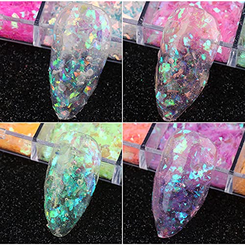 Mermaid Flake Nail Glitter Sequins, Changar Iridescent Ice Slag Nail Glitter Colorful Fluorescent Glass Paper Nail Sticker Holographic Nail Glitter For Make Up Diy Nail Decoration #TOP3