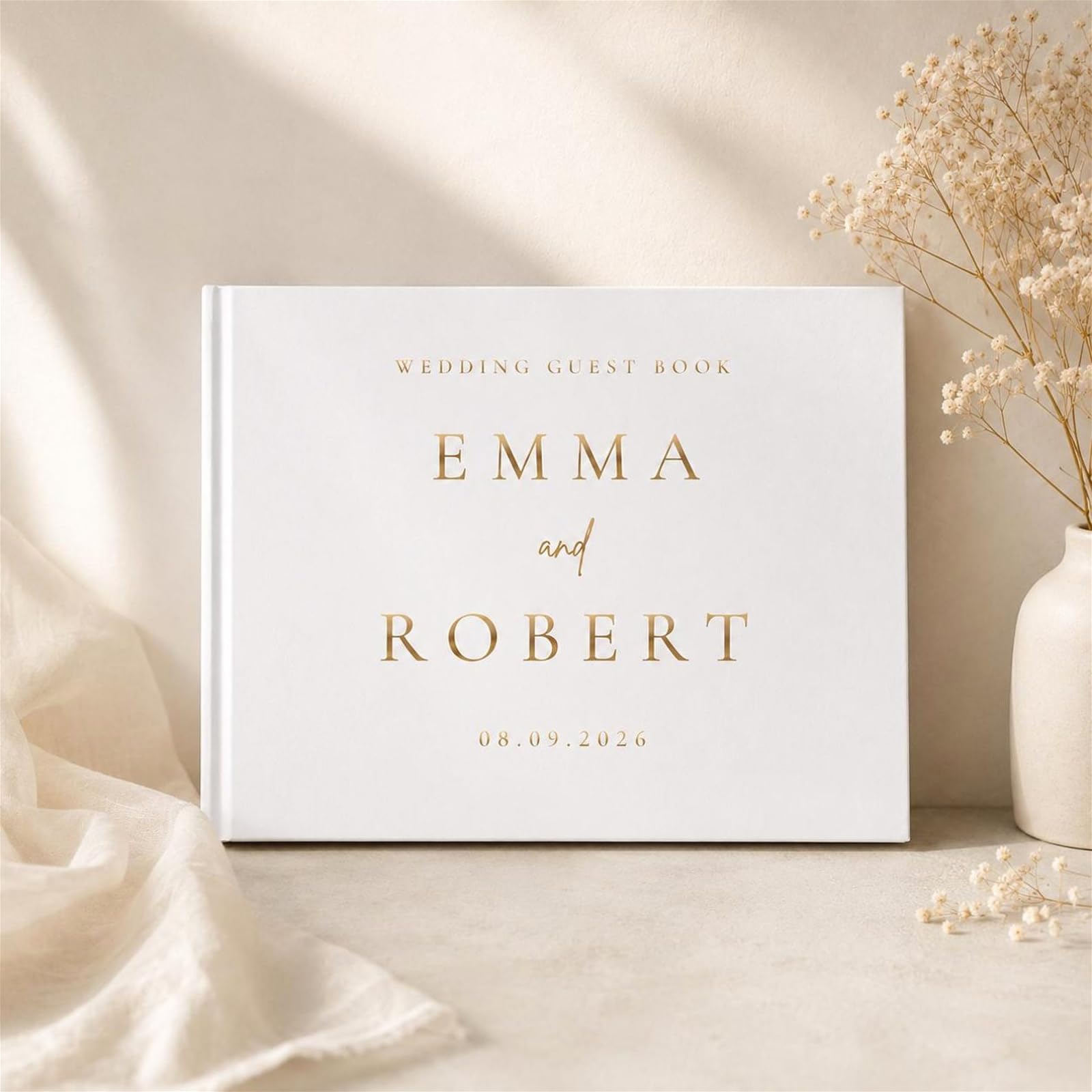 Libro de invitados de boda personalizado blanco con hojas blancas para firmas de eventos