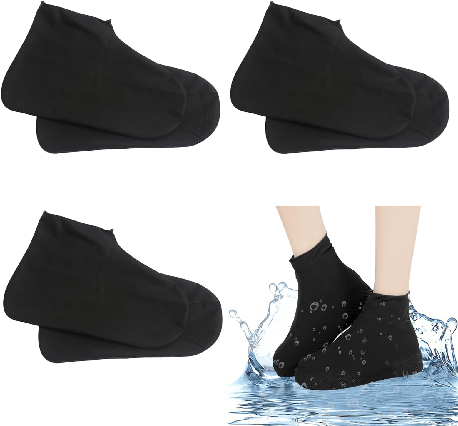 3 Pairs Black Waterproof Shoe Covers, Non Slip Waterproof Shoe Cover, Rain Shoe Covers Reusable Waterproof, Thickened Waterproof Overshoes, Rubber Rain Boot Overshoes for Outdoor Cycling Hikin