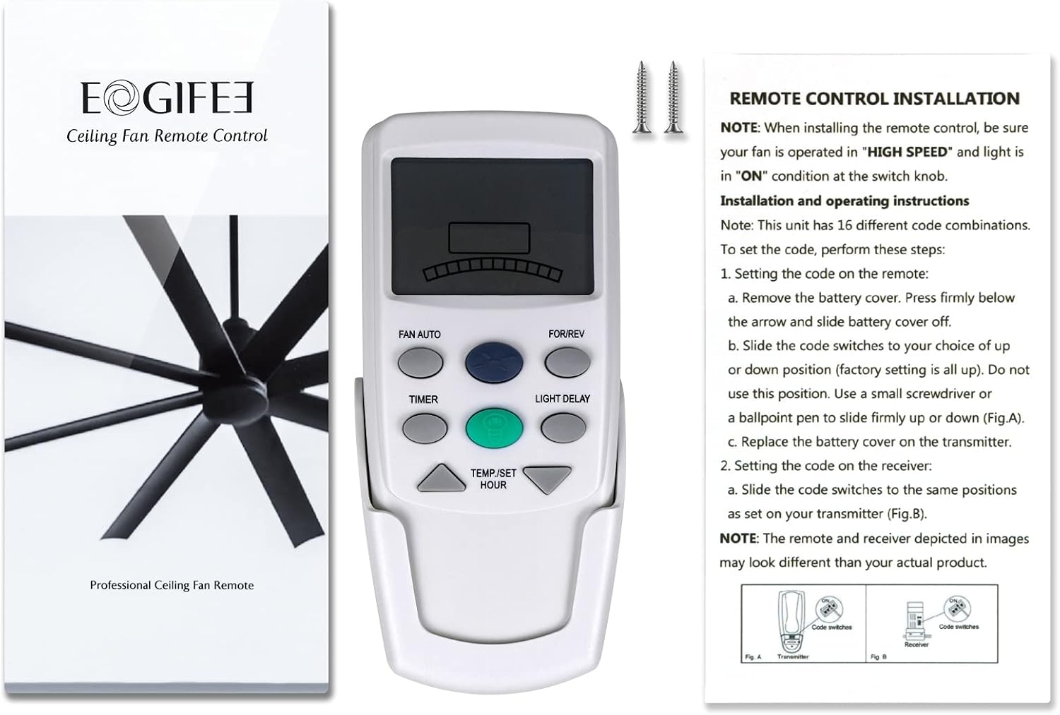 Eogifee Fan-9T remote control with instruction sheet showing dip switch settings