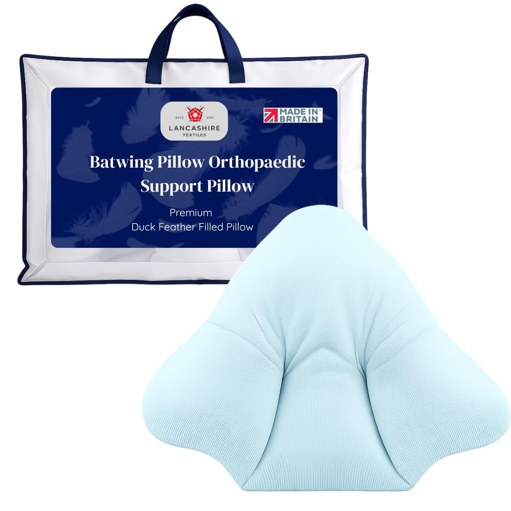 Lancashire Textiles Light Blue Orthopaedic Duck Feather Batwing Pillow - Made In Britain, Back & Lumbar Support, Rds Certified Duck Feather Filling, Cotton Casing, Polycotton Cover, 29"X33" Bed Pillow