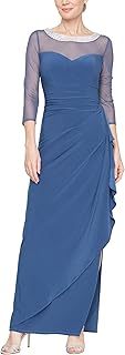 Alex Evenings Womens Long Matte Jersey Mother of The Bride Dress with 3/4 Illusion Sleeves (Petite and Regular Sizes)