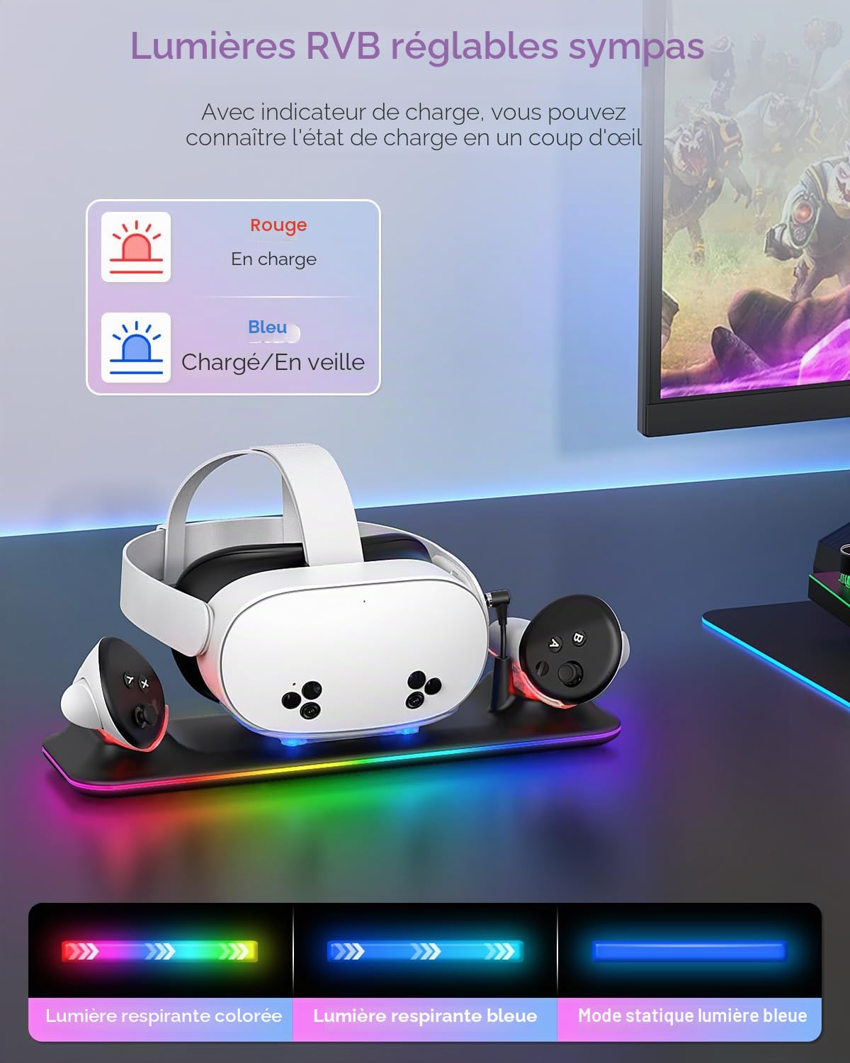 Station de charge pour Meta Quest 3S/3 Kinwin Base de charge magnétique pour accessoires Oculus Quest 3S/3 avec lumière RVB, support de charge pour casque VR et contrôleur avec 2 piles rechargeables