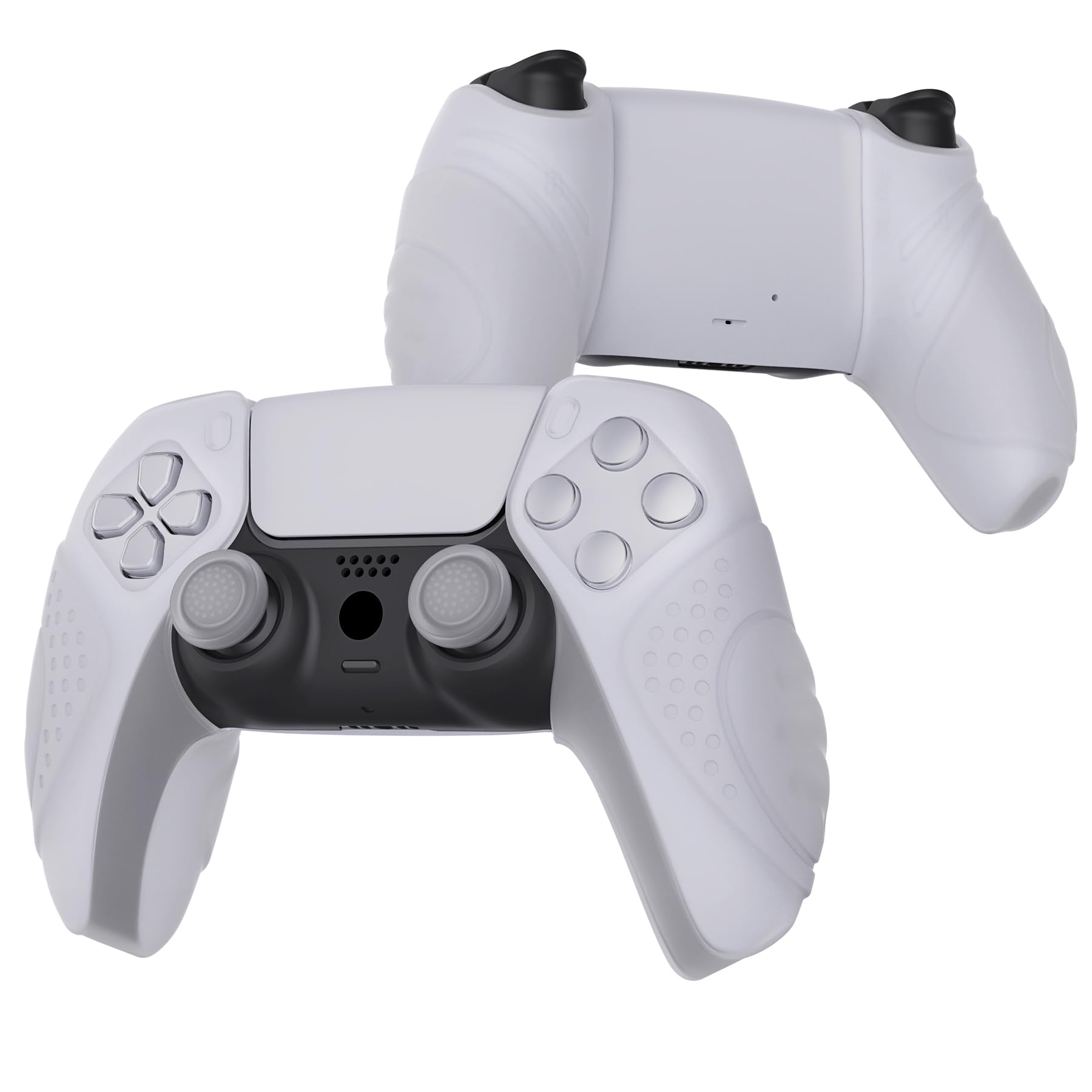 PlayVital Silikonowe Etui Ochronne do ps5 Kontrolera,Ergonomiczne Obudowy do ps5,Pokrowiec Ochraniacze do ps5 z Nakładkami na Kciuki,Skórki do ps5 Stacją ładującą-Przezroczysta Biel(Guardian Edition)