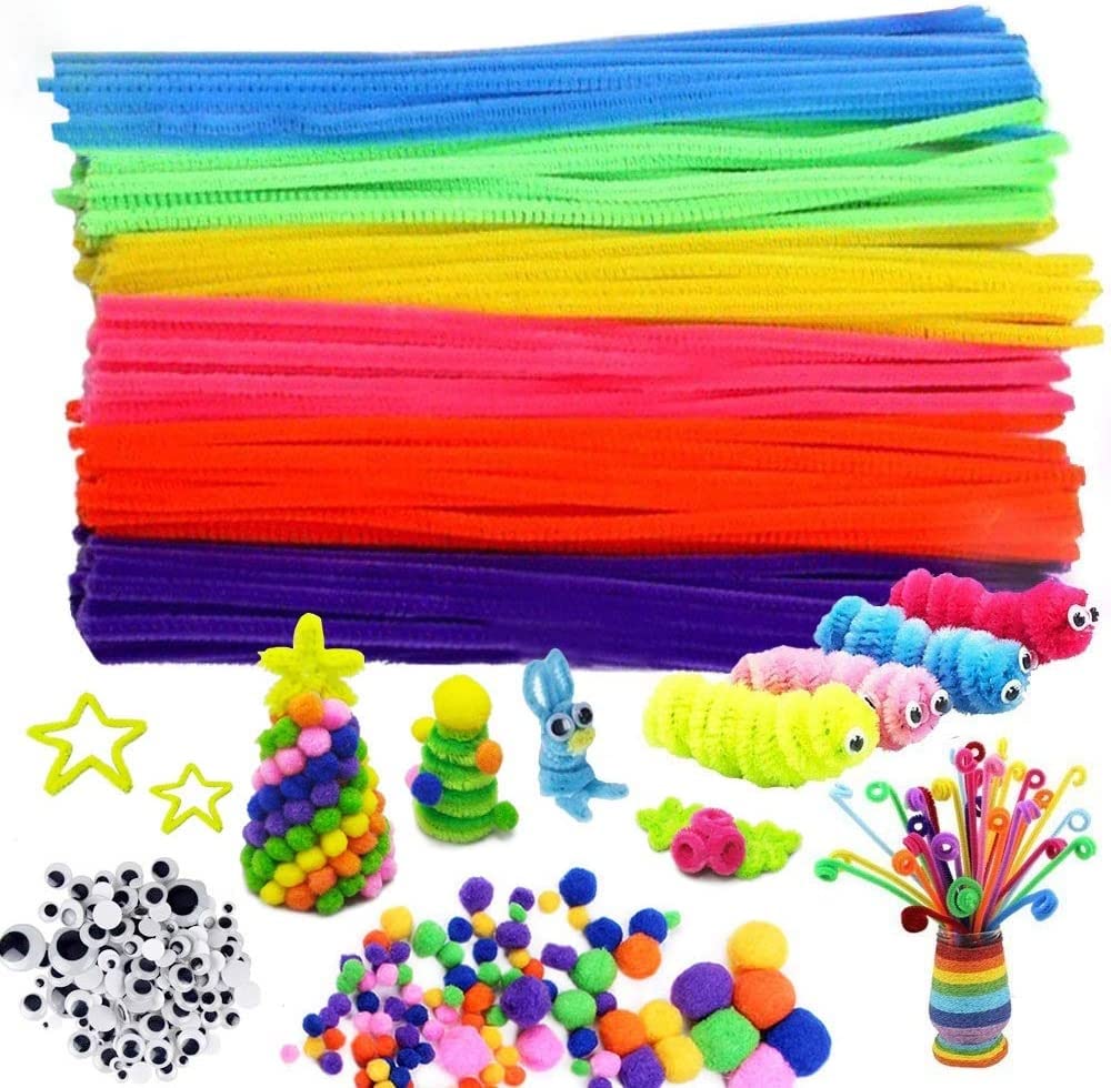 DEZIINE� 300Pcs Pipe Cleaners Craft Supplies, Including 100 Pcs Pipe Cleaners 100 Pcs Pom Poms Arts and Crafts 100 Pcs Wiggle Googly Eyes Self Adhesive, Arts and Crafts Supplies for Kids (PIPE CLEANER + GOOGLY EYES + POMPOM BALL)
