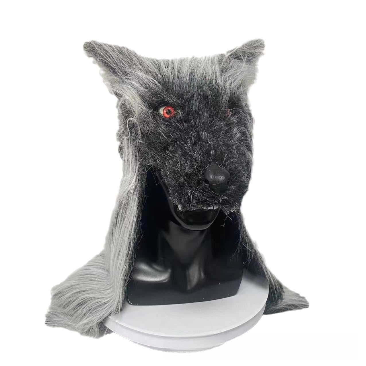 eLymwooDurotan Mask Movie War Long Hair Craft ferocious Wolf Head Latex Mask, Full Head Halloween Movie Prop Accessory