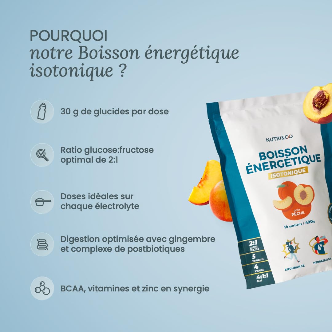 NUTRI & CO Boisson Énergétique Isotonique en Poudre - Ratio 2:1 Glucose/Fructose avec BCAA, Électrolytes, Postbiotiques & Gingembre - Running, Vélo, Hyrox - 490g Goût Pêche - Fabriqué en France