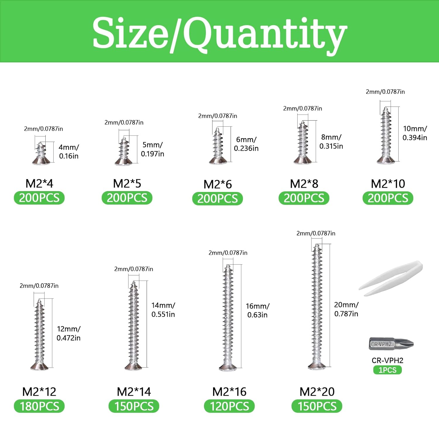 M2 Screw Kit, Wood Screws Assortment Kit, 1600Pcs Screws 4/5/6/8/10/12/14/16/20mm Phillips Flat Head Self Tapping Electronic Accessories Screw Multifunctional DIY Micro Woodworking Screws Set
