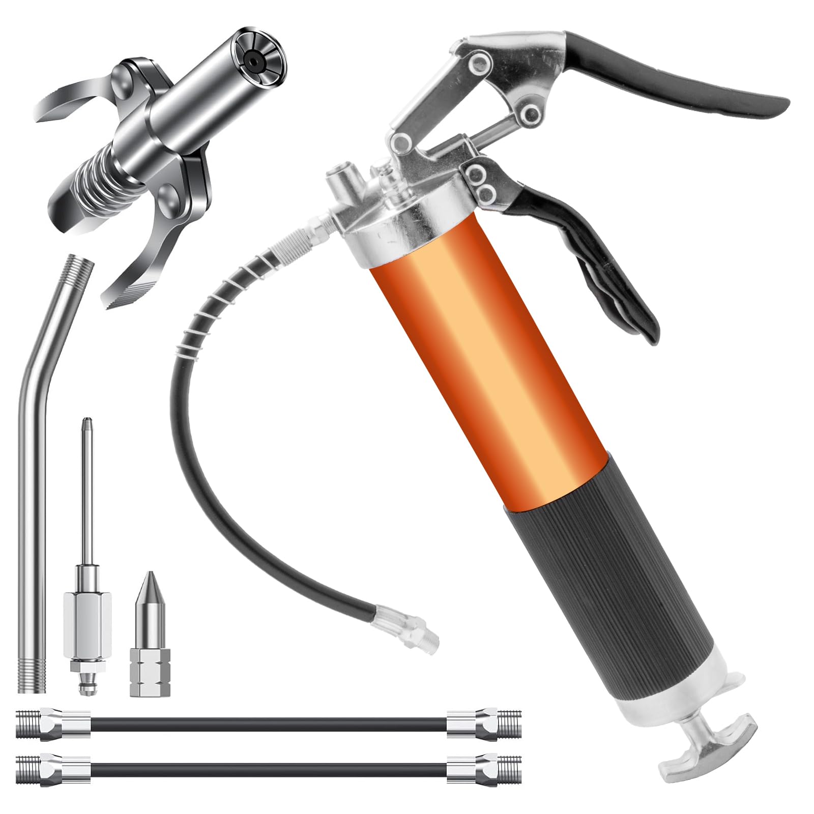 lisetar Fettpresse für Schmiernippel, 8000 PSI Hochleistungs Fettpresse Set mit Schnellkupplung, Mundstück und Fettnadeldüse, Fettpresse für 400g Fettkartusche mit Flexschlauch und Metallrohr (Orange)