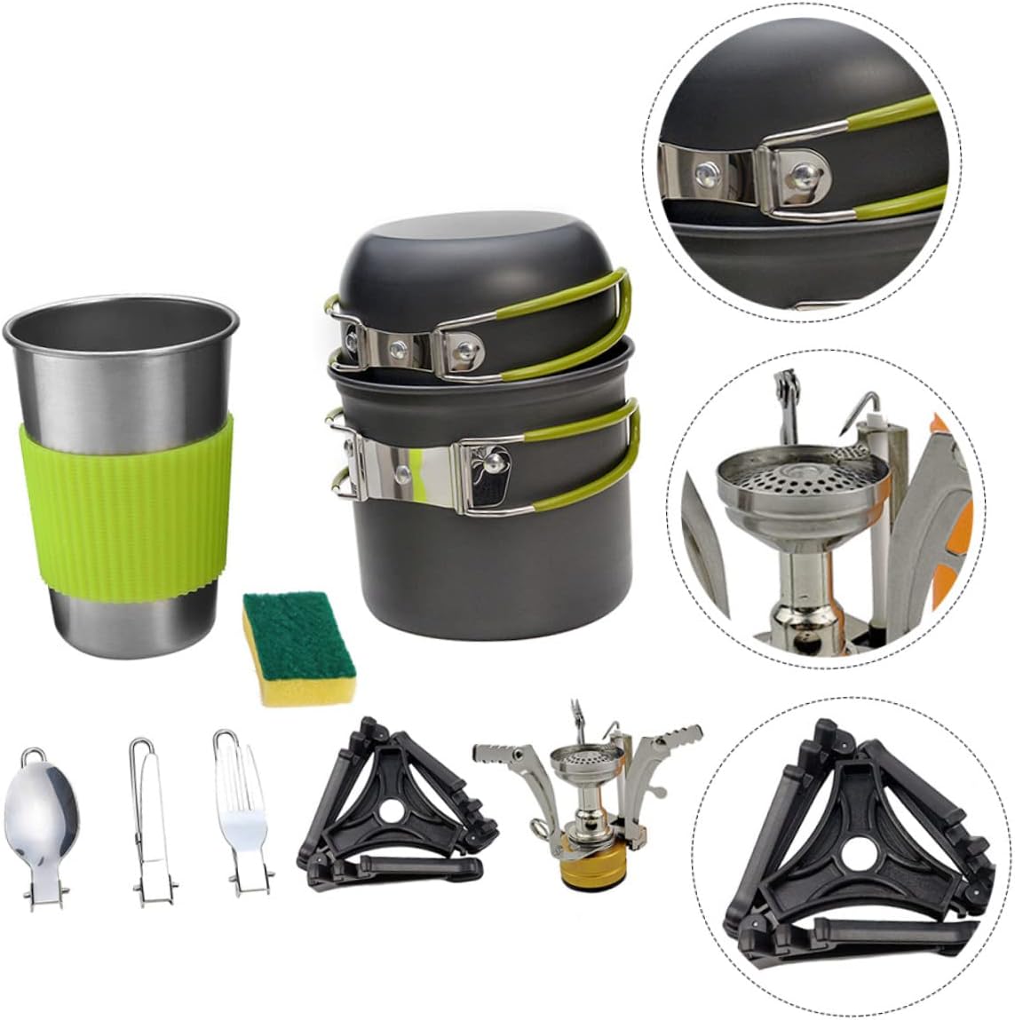 1set Lightweight Aluminium Alloy Camping Cookware Portable Person Outdoor Insulated Handle for Hiking and Backpacking Includes Stove and Cleaning Sponge