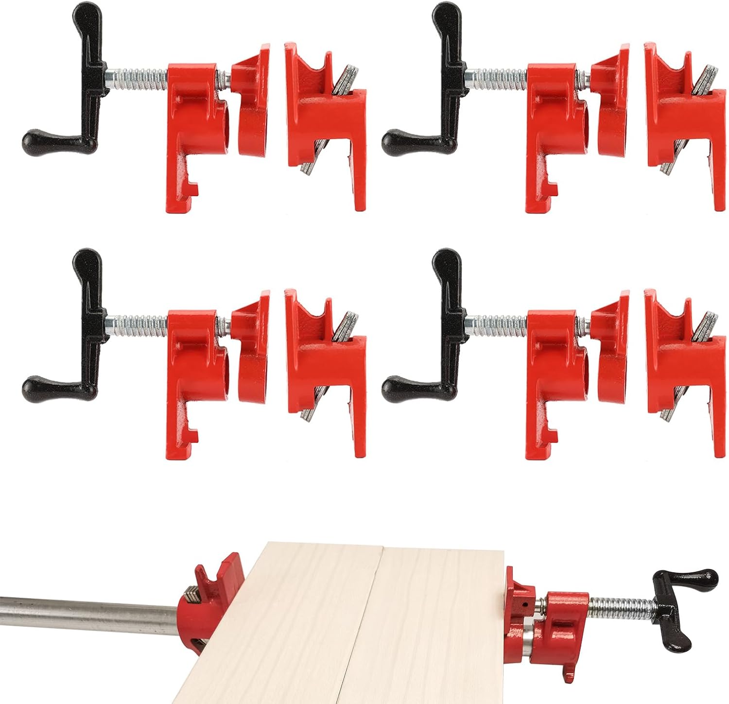 1/2" Wood Gluing Pipe Clamp Set with Unique Foot Design Red Heavy Duty Bar Clamps Cast Iron Quick Release Pipe Clamp Tools for Woodworking (6pc, 1/2" with foot)