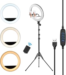 HUIOP 14inch/36cm Video LED Ring 13W 3000-6500K Color Temperature 3 Colors Dimmable 10-level ness CRI90 with Aluminum Alloy Tripod Dual Phone Holders Remote Ser