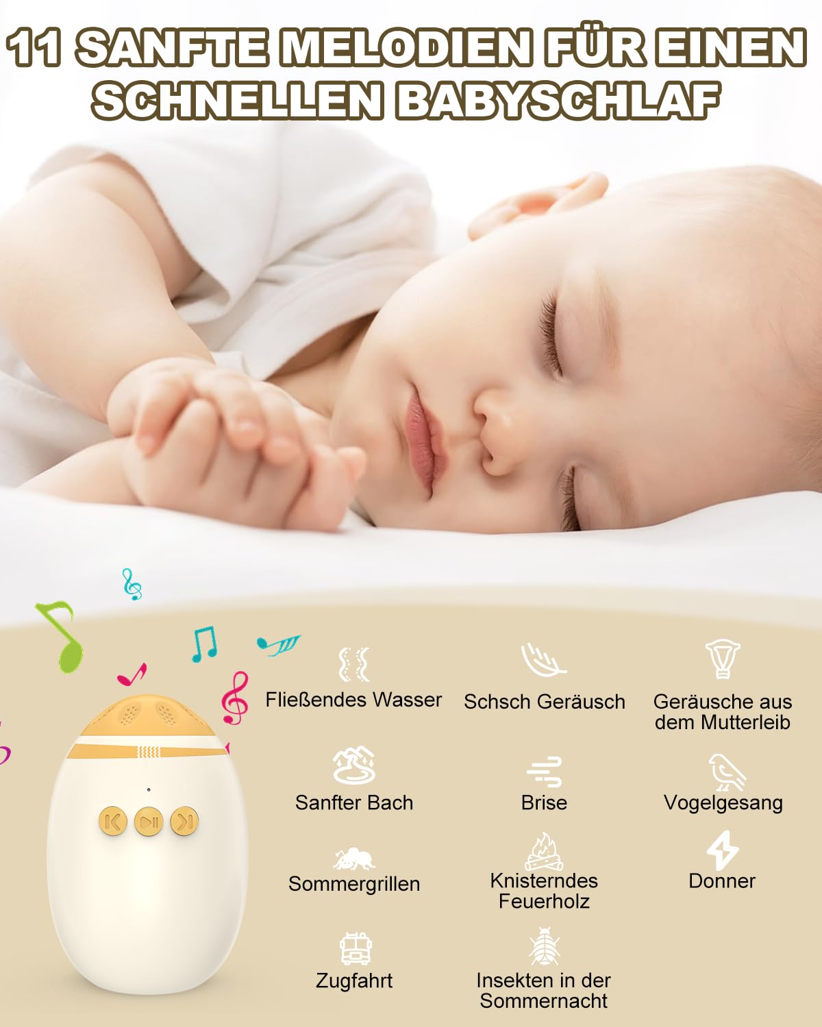 Passeggino con rumore bianco, vibratore per passeggino con 11 suoni rilassanti, supporto per dormire ricaricabile, regolazione continua, funzione portatile e Bluetooth per passeggini e passeggini