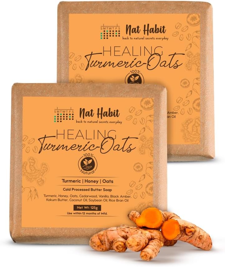 Nat Habit Butter Bath Soap, All-Natural Handmade Cold Pressed Turmeric Oats made with Turmeric, Oats, Kokum Butter and Honey, for Non-Drying Cleansing and Light Exfoliation (Pack of 2 X 4.4 Oz)