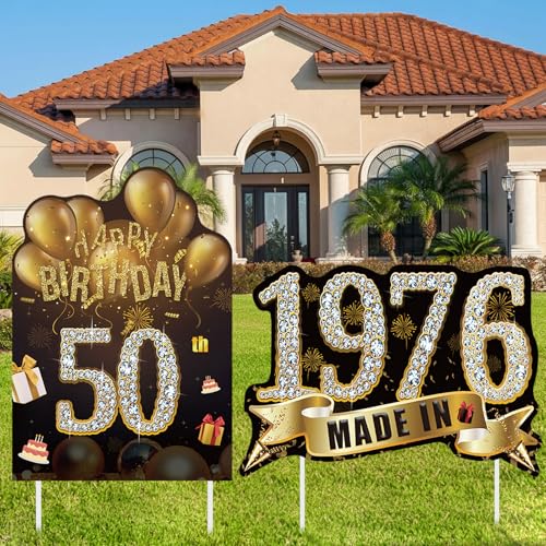 2Pcs Birthday Yard Signs 50th Birthday Decorations for Men Women Black Gold Happy 50 Birthdays Sign Made in 1976 Lawn Party Supplies With Stakes Weatherproof Outdoor Fifty Years Old Yard Decor