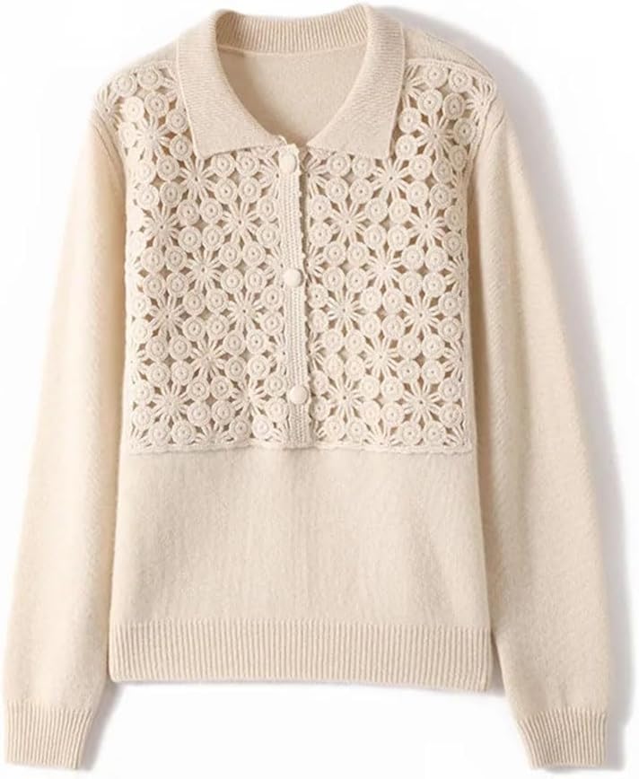 Women's Chinese Style Vintage Sweaters 100% Wool Soft Knit Pullovers Lapel Long Sleeve Flowers Thermal Tops