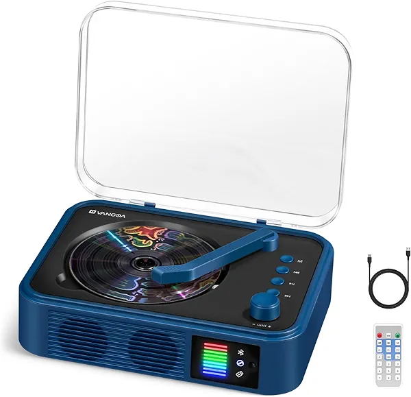 Vangoa Rechargeable CD Player with Speakers, Wireless 5.0 Portable CD Players with BT Transmitter, USB Playback, AUX Output, Small Vintage Music Players for Home Déco, Blue(SG-1900A)