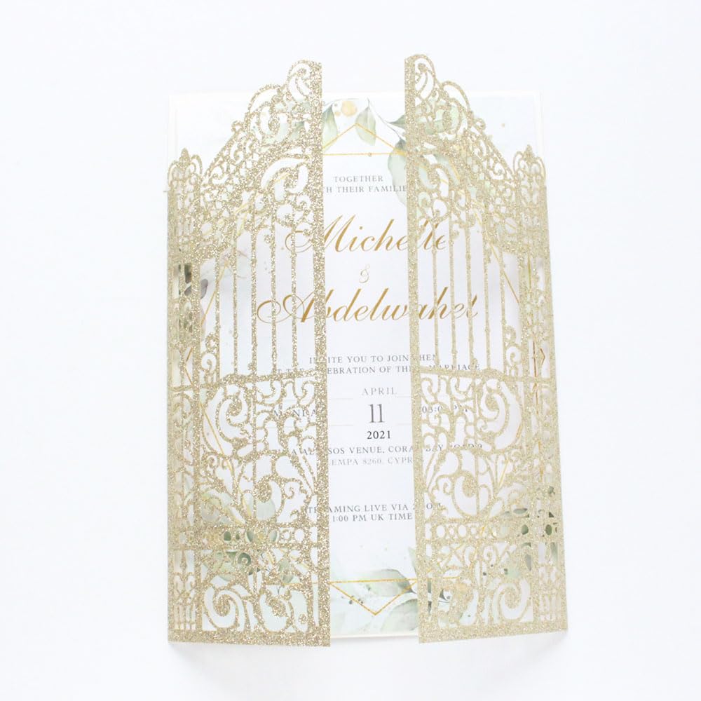 MillaSaw Partecipazioni matrimonio d'oro scintillante Gate Laser Design Per Matrimoni Fidanzamento Sirena 25 Set (oro glitterato)