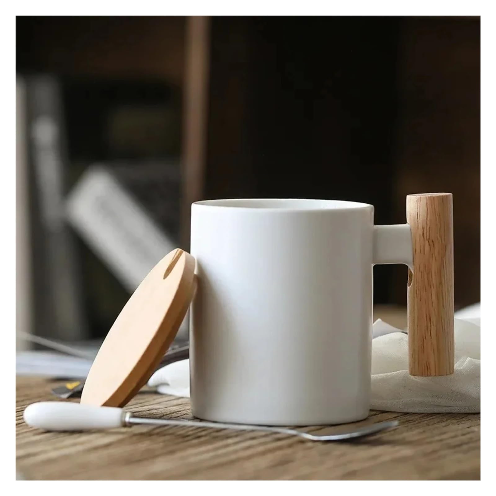 Tasse Mit Deckel 2 stücke 310ml Keramik Holz Griff Kaffee Tasse Mit Deckel Und Löffel Milch Paar der Becher(Black)