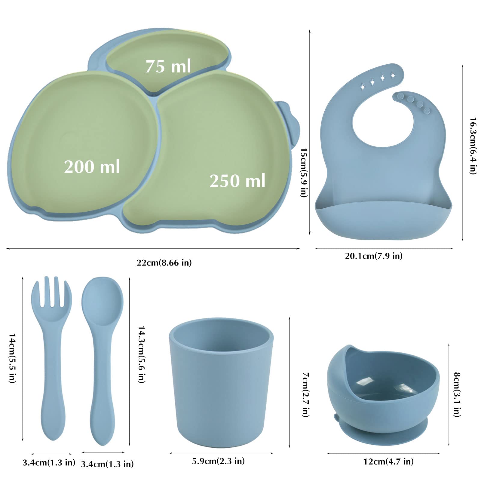 Set Pappa Svezzamento per Bambini 6 Pezzi Set Svezzamento Silicone Piatto con Ventosa Bavaglino Cucchiaio Forchetta Senza Tazza BPA Set Pappa Antiscivolo per Neonato Bimbo, Blu